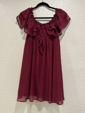 entro Girls Burgundy Ruffle Off-Shoulder Dress with Waist Tie